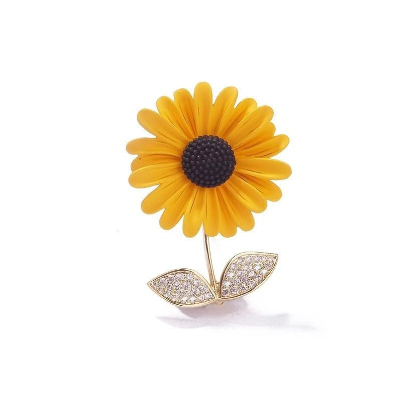 Yellow sunflower rhinestone brooch with dark center and two leaf pins