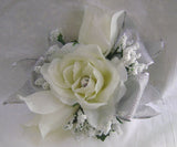 Ivory Roses~baby's breath~wrist~wristlet~Silver~Prom~Party~Quinceanera~Corsage Bouquet