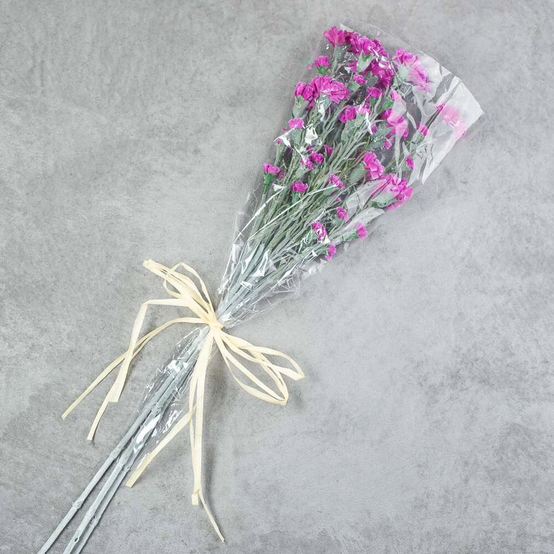 Artificial carnation floral bundle with lavender and pink blooms, tied ribbon wrap