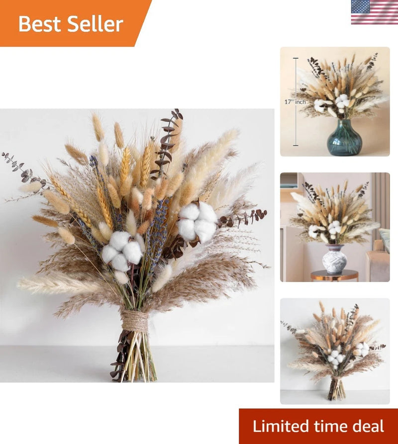Natural Dried Flower Bouquet - Pampas Grass, Cotton Stems, Bunny Tails, Eucal... Dried Flower