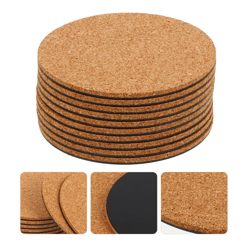 Set of 10 round cork plant coaster mats, stacked, natural tan