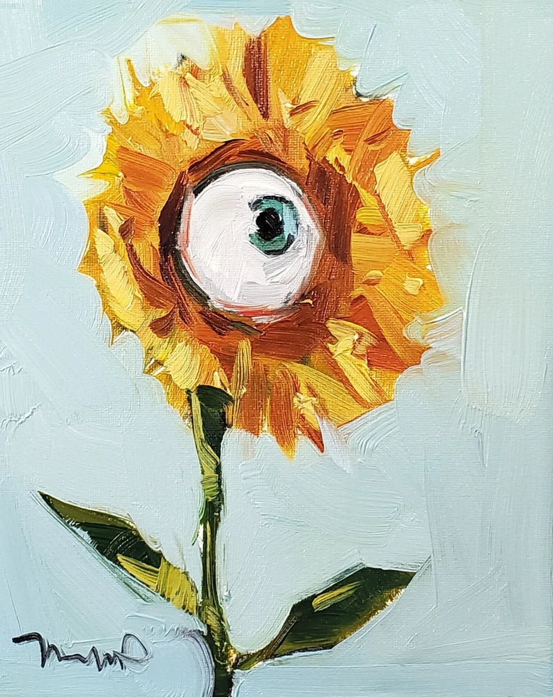 Sunflower eyeball art print painting with yellow petals, green stem, and leafy details