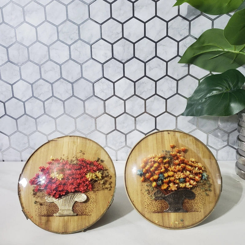 Set of 2 round bubble glass dome pictures with dried flowers inside, gold tone backing