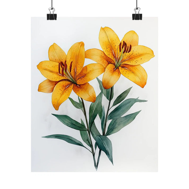 Yellow tiger lily flower art print poster with green leaves, minimalist botanical design
