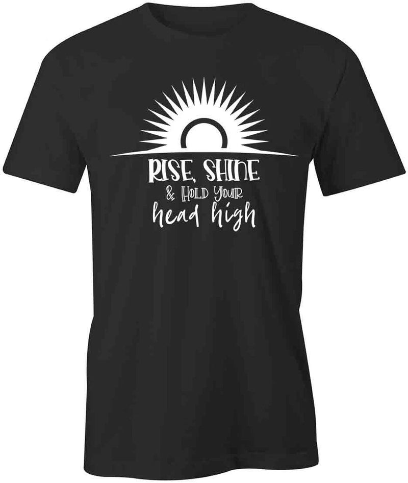 Black short-sleeve cotton T-shirt with white sunburst graphic and “Rise Shine” text