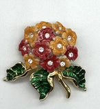 Joan Rivers Gold Tone Enamel & Rhinestone Hydrangea Flower Brooch Signed Hydrangea