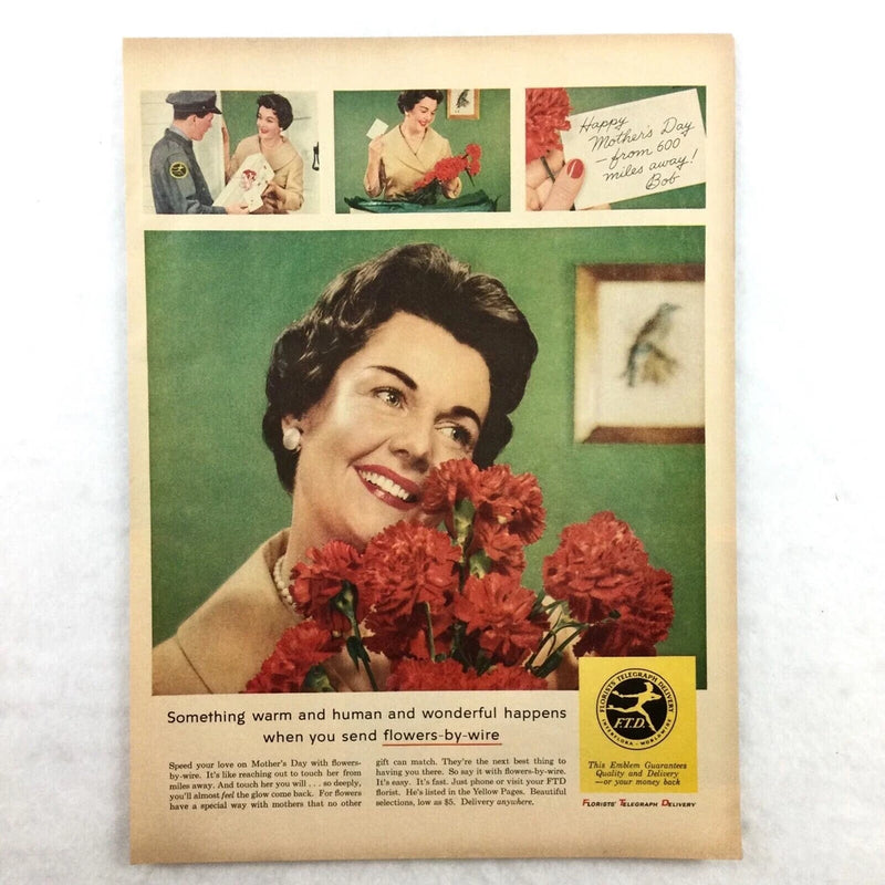Vintage Mother's Day print ad: woman holding red carnations bouquet