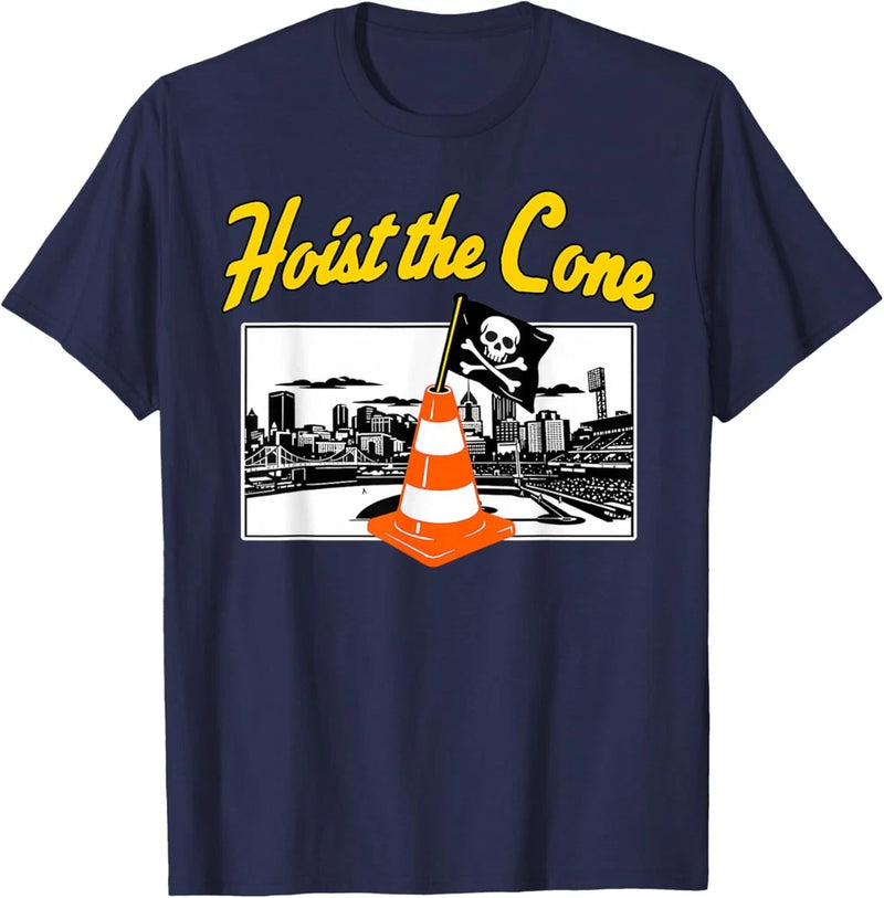 Navy graphic T-shirt: yellow 'Hoist the Cone' with orange cone and skull print