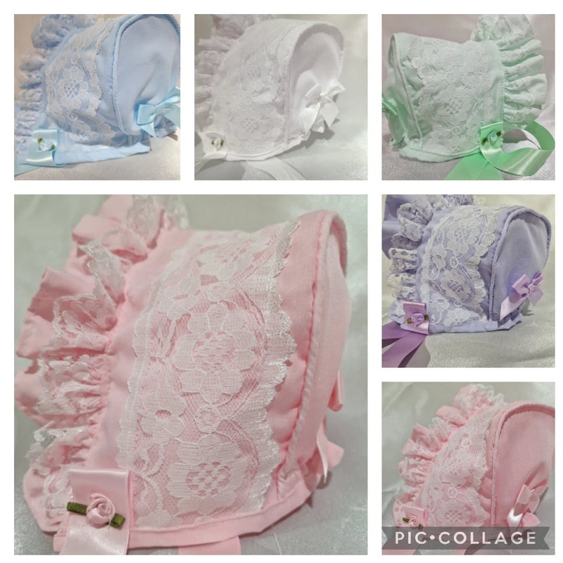 Baby girls lace ruffle bonnets in pink, blue, white, green, and lavender