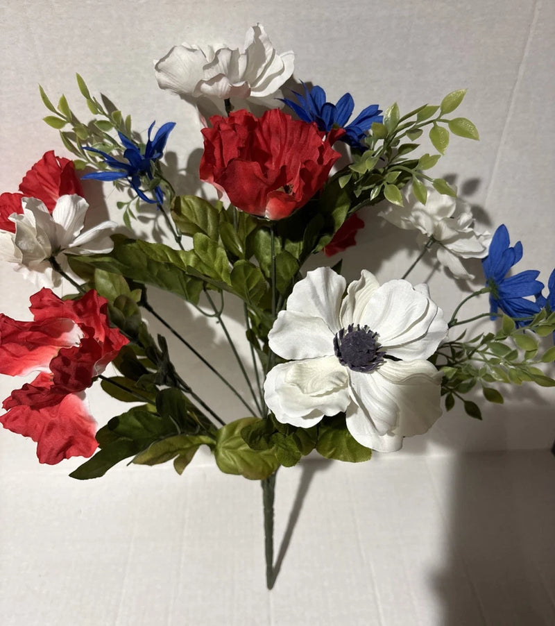 Red White & Blue 18" Bush USA Patriotic Holiday Mixed Faux Flowers In/Outdoors Carnation