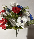 Red White & Blue 18" Bush USA Patriotic Holiday Mixed Faux Flowers In/Outdoors Carnation