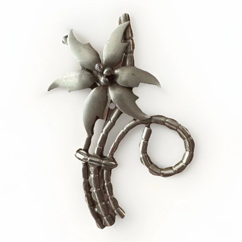 Vintage Pewter Tone Floral Spray Brooch Modernist Retro Statement Lily Pin Lily