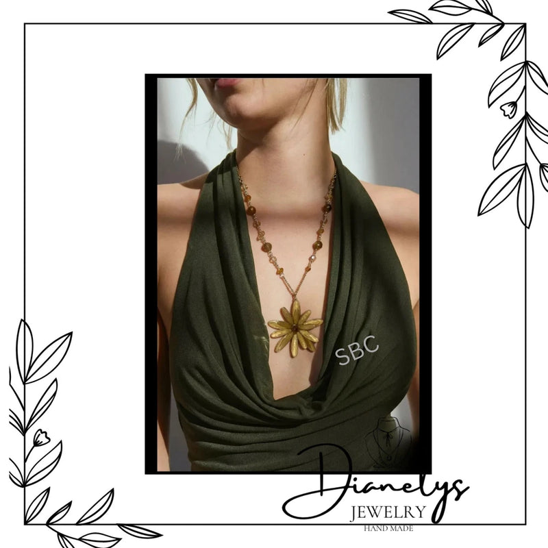 Lily Flower Reversible Pendant Necklace Yellow & Aqua Back Handcrafted Lily