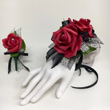 Glamour Double Red Foam Roses on Black with Silver Trim Prom Corsage Combo Roses