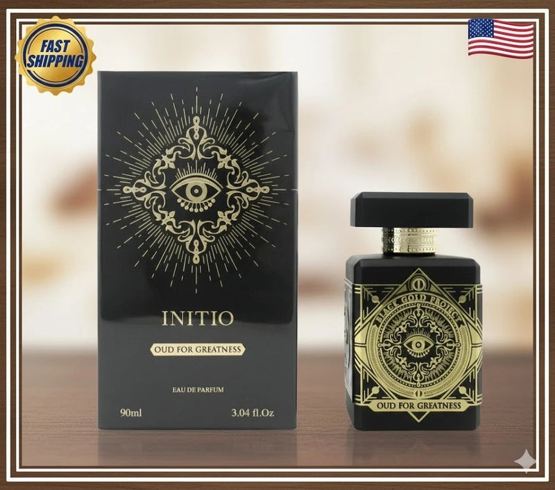 Unisex eau de parfum bottle and box, black with gold design and emblem, 90 ml