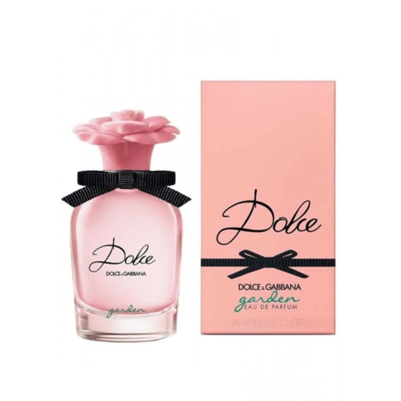 Dolce And Gabbana Garden Eau de Parfum for women: pink bottle with flower cap and black ribbon.