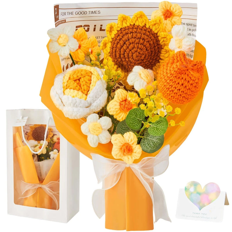 Crochet sunflower flower bouquet with white and orange blooms, wrapped with ribbon