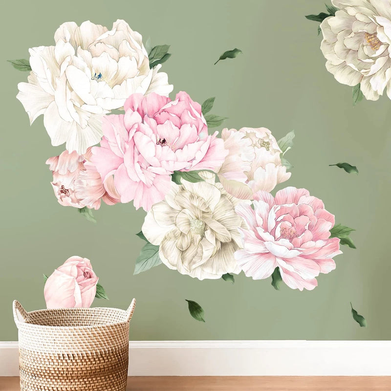 Large Pink and White Peony Floral Wall Decals Peel and Stick Vinyl Peony Flower Peony