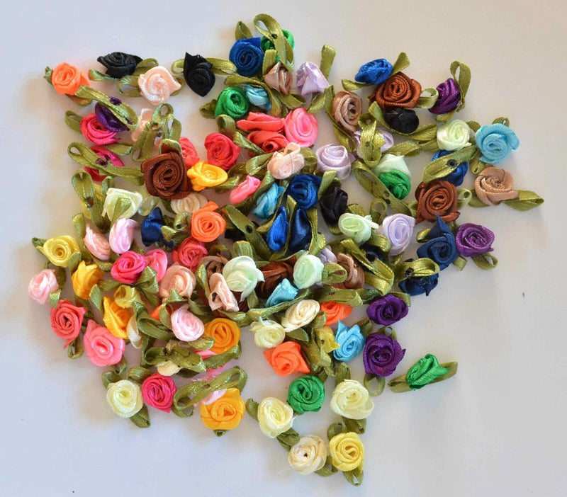 Mixed-color satin rose rosettes with green leaves, artificial flower bunch