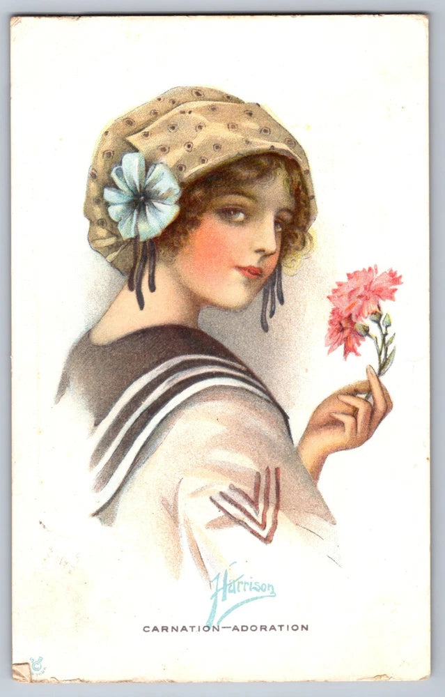 Vintage postcard: lady holding pink carnation, artist-signed, 1910s style