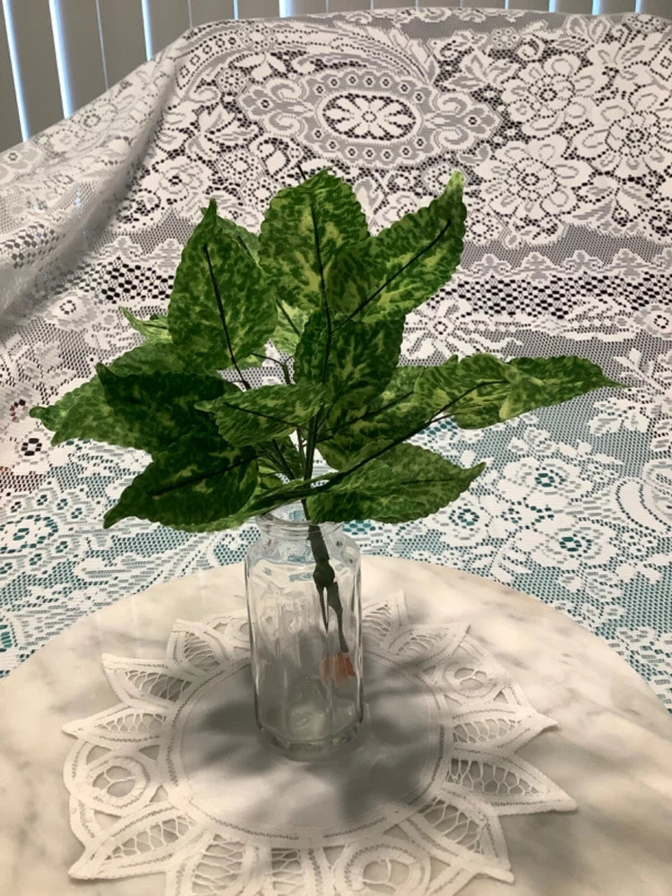 Variegated Silk Leaves - Two Stems - 8.5" Long - w/6 Branches - 28 - 2.5" Leaves Green Plant