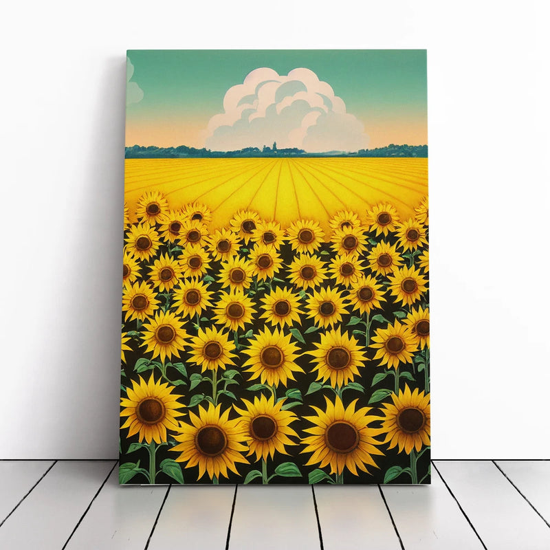 Framed sunflower field canvas wall art print with yellow blooms and green foliage