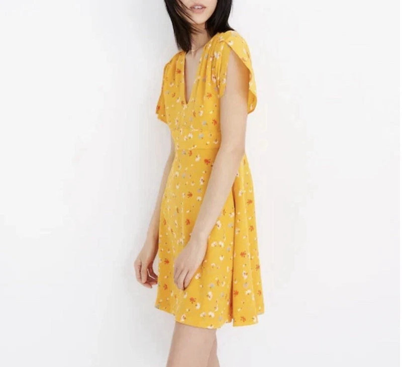 Madewell Silk Belladonna Dress yellow "Painted Carnations" floral print Size 10 Carnation