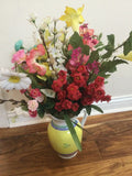 VINTAGE SILK FLOWER mixed flowers COTTAGE ARRANGEMENT CaleCA pitcher with DAMAGE Hydrangea