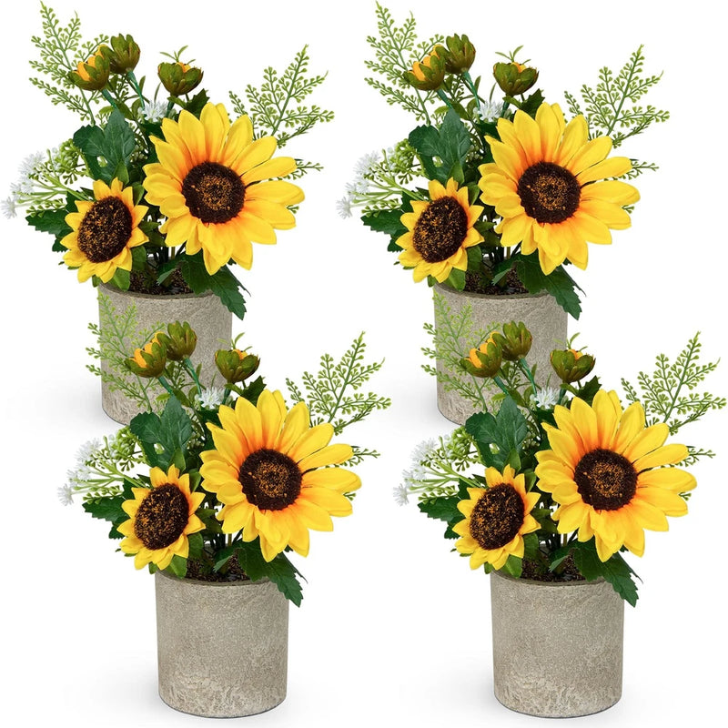 4-pack artificial sunflower decor with yellow blooms in textured gray pots
