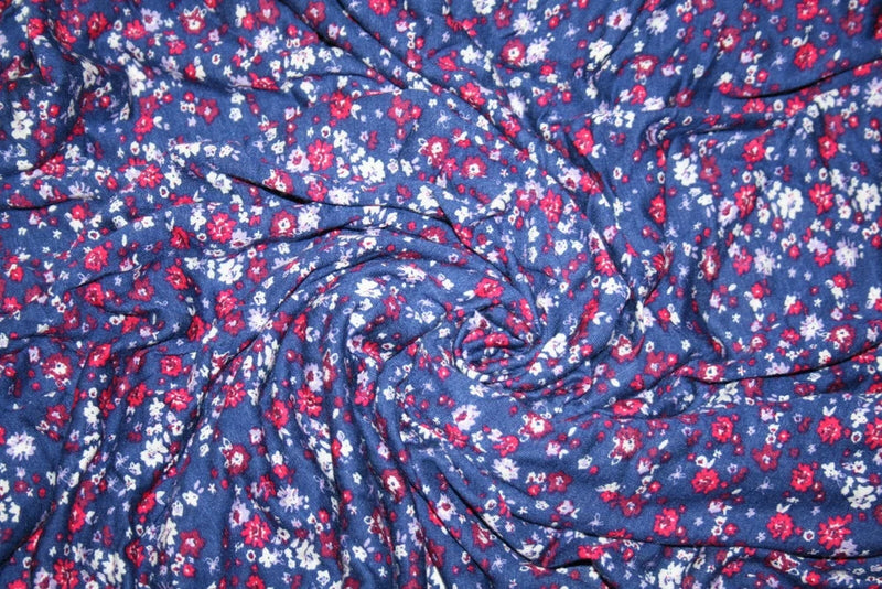 White & Pink Floral Print on Royal Purple Lightweight 100% Cotton Jersey Fabric Flowering Plants
