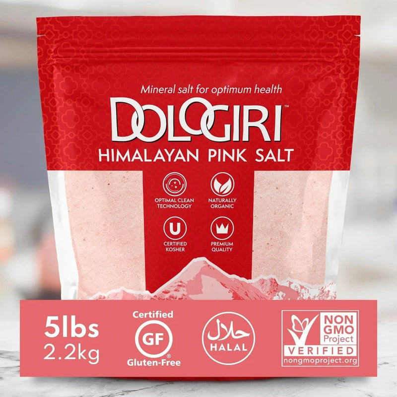 5 lb fine grain Himalayan pink salt bag, red branding with seal icons