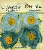 RUFFLED PEONY - TEAL BLUE  45 to 50mm x 4 Flowers with Centre FABRIC  Petaloo A1 Peony