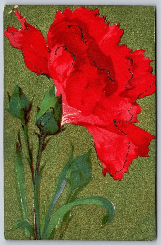 Vintage Red Carnation Floral Postcard with Glitter Detail A372 Carnation