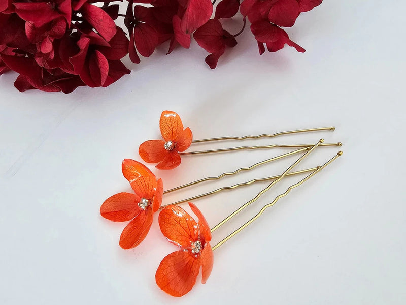 Orange Hydrangea Dried Hair Pin - Hydrangea Flower Hair Clip - Resin Flower pin Hydrangea