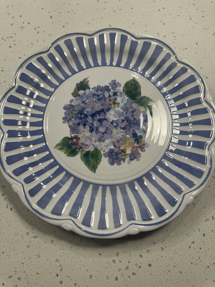(1) Shabby Chic Floral Hydrangea Stripes&Scalloped 11.5ÓMelamine Dinner Plates Hydrangea