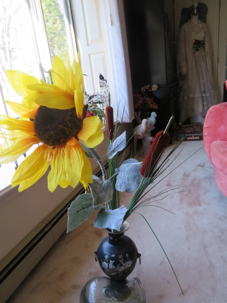 Artificial sunflower stem arrangement with yellow bloom, dark center, brown cattails, in vase