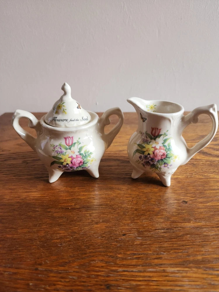 Ceramic floral sugar and creamer set with pink and green bouquet design