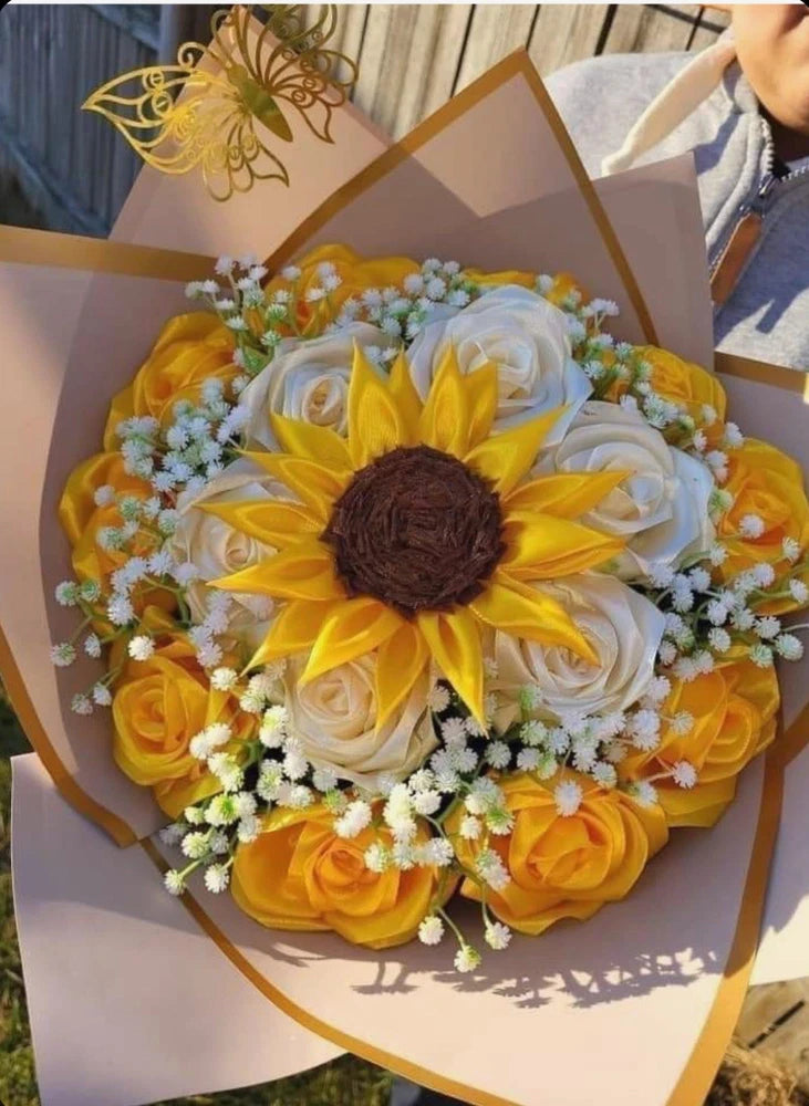 Sunflower and rose eternal flower bouquet with yellow sunflower and white roses