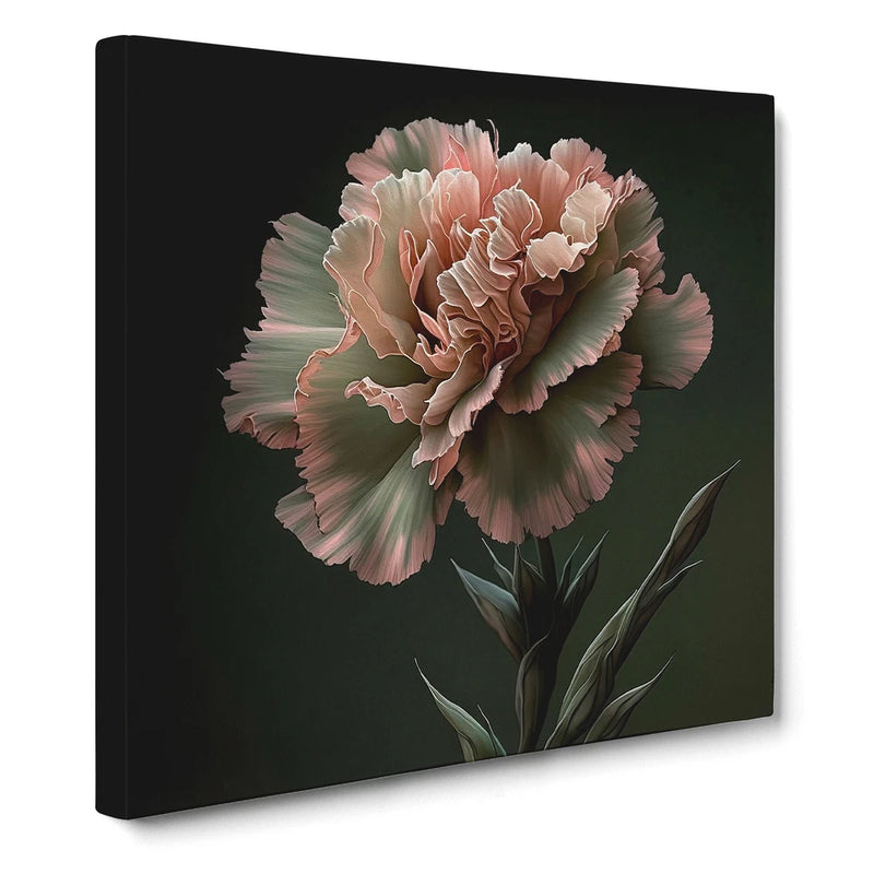 Framed black canvas wall art with pink and peach carnation flower and green leaves