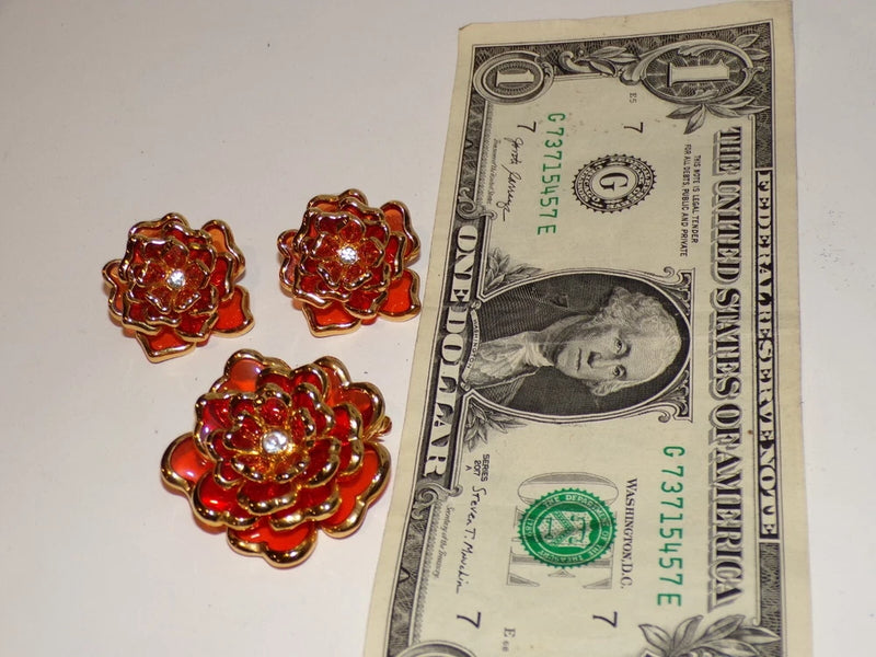 JOAN RIVERS ORANGE PLIQUE A JOUR CARNATION FLOWER BROOCH EARRINGS SET [59T] Carnation