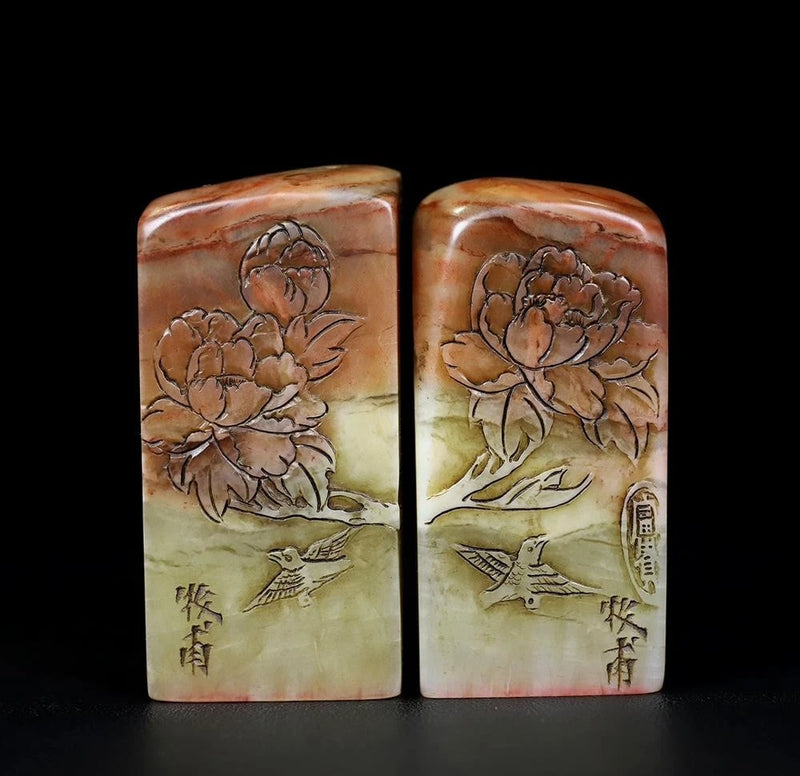 219G Pair Old Chinese Shoushan Stone Seal Stamp Statue w/peony flower U1530 Peony