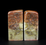219G Pair Old Chinese Shoushan Stone Seal Stamp Statue w/peony flower U1530 Peony