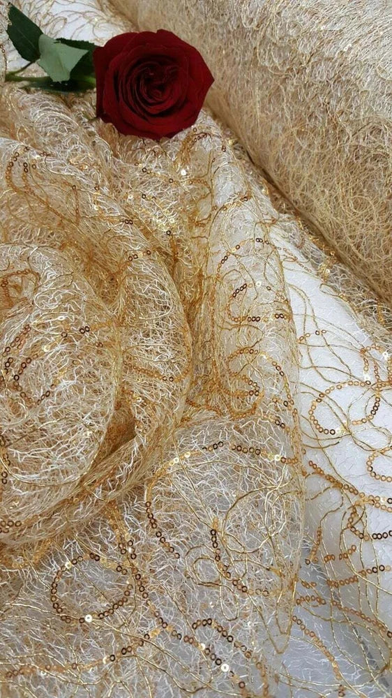 Gold Spider Web Embroidered Lace Sequin Geometric Prom Fabric Sold by the Yard Flowering Plants