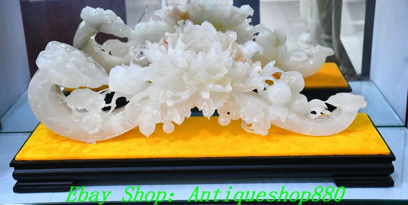 26.7''Old Natural White Jade Carved  Fengshui Peony Flower Peach Ruyi Statue Peony