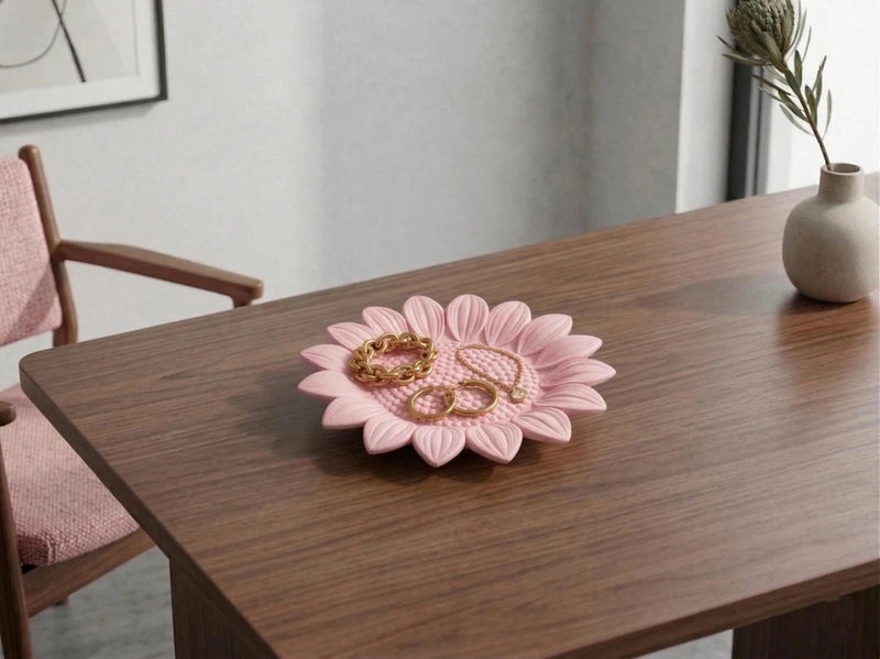 Pink flower jewelry tray with gold ring dish detail