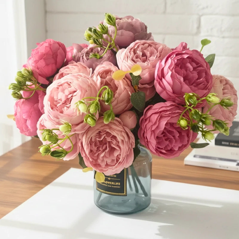 Artificial pink peony flower bouquet with five heads in clear glass vase