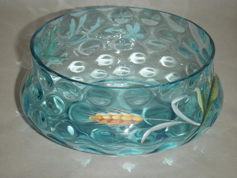 DELICATE THUMBPRINT CRYSTAL 1940'S GLASS BOWL BLUE AQUA TEAL WHEAT LILIES FLOWER Lily
