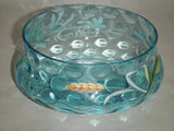 DELICATE THUMBPRINT CRYSTAL 1940'S GLASS BOWL BLUE AQUA TEAL WHEAT LILIES FLOWER Lily