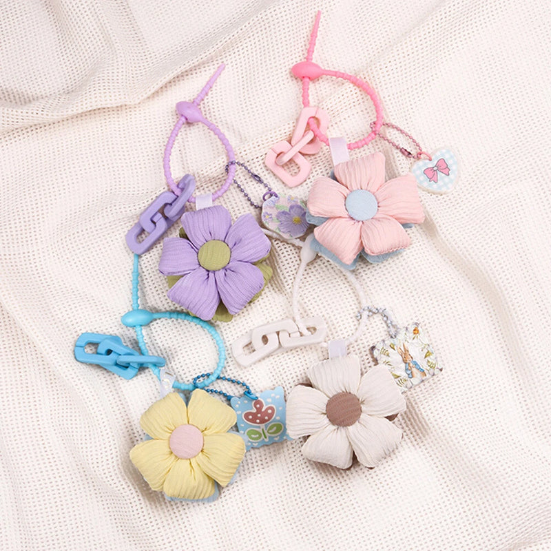 Sunflower-style fabric flower keychains on rings, multi-color pastel petals