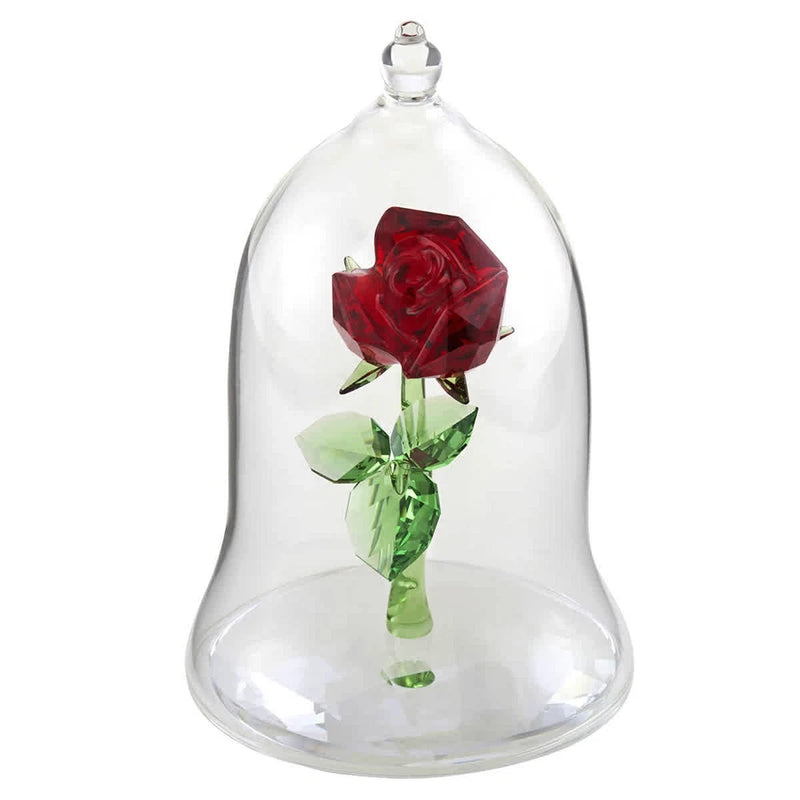 Crystal red rose with green leaves under clear glass dome